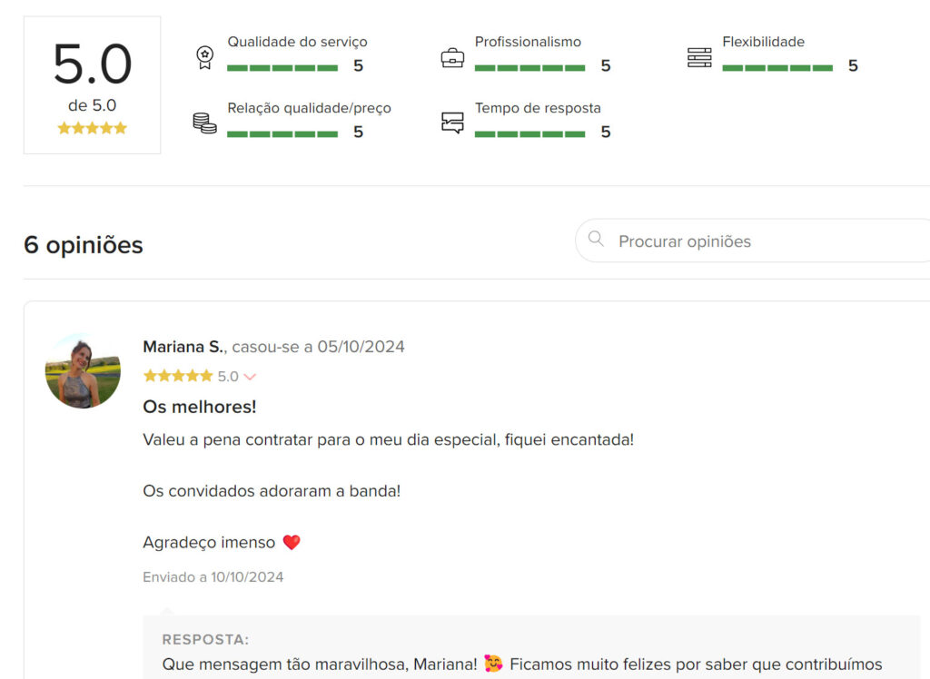 Opiniões certificadas (de noivos) sobre a banda no  portal casamentos.pt